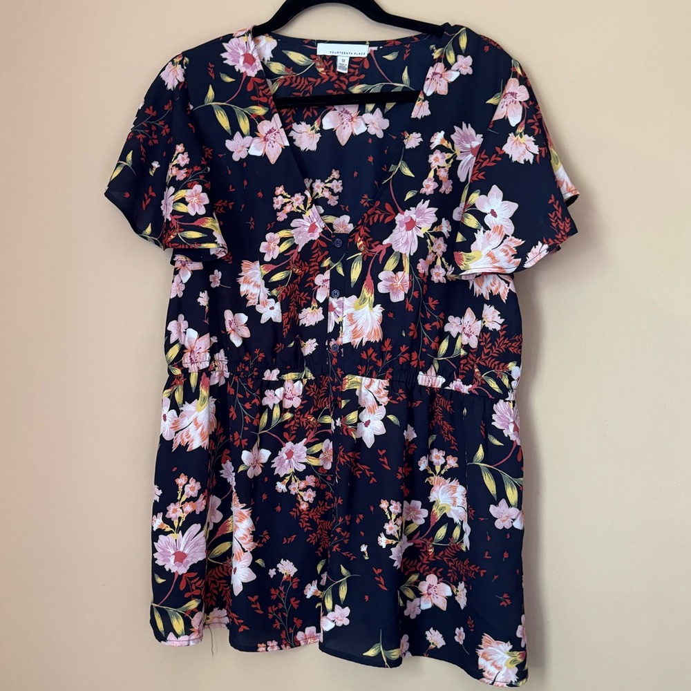 Fourteenth Place Button Front Tropical Floral Blouse